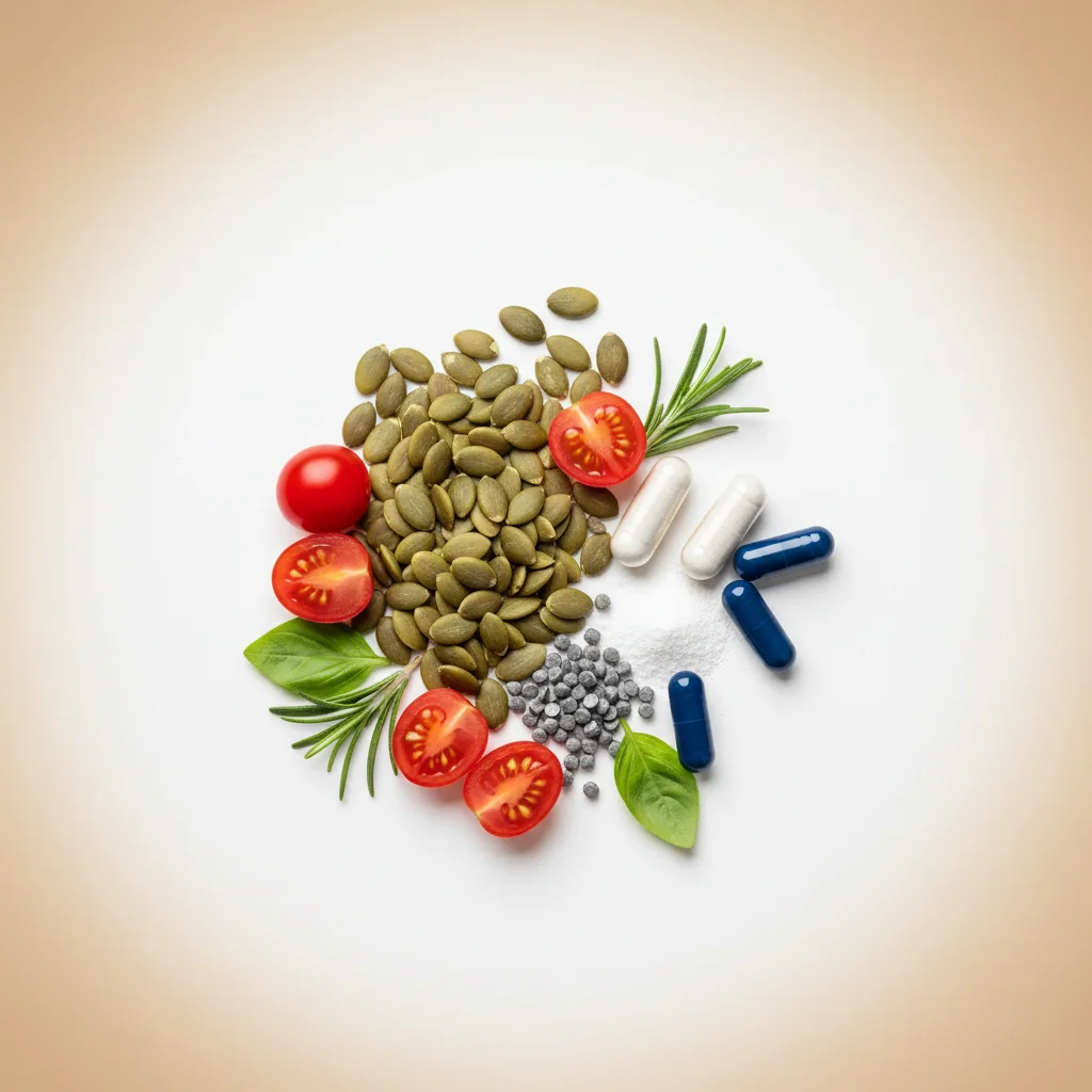 Natural ingredients used in Alpha Drive: pumpkin seeds, tomatoes, vitamin capsules, zinc mineral pellets on a white surface